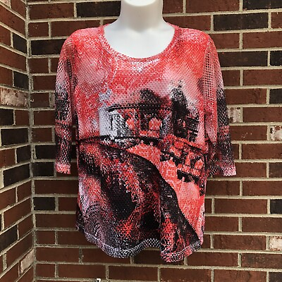 #ad Onque Top Womans Blouse Size 2X Red Black Mesh Overlay 3 4 Sleeve Round Neck $18.97