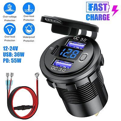 #ad USB Car Charger Dual QC3.0 PD Port With Voltmeter Outlet Socket for 12V Boat RV $15.98
