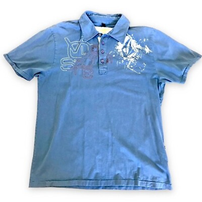#ad Volcom Mens Light Blue Graphic Print Polo Short Sleeve T Shirt Size L Skate Surf $9.99