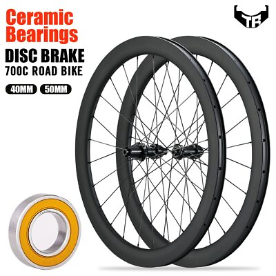 #ad 700C Disc Brake Carbon Road Wheels 40 45 50 55mm Tubeless Clincher Wheelsets $384.69