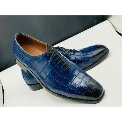 #ad Blue Handmade Alligator Texture Dress Shoes Genuine Leather Oxford Formal Boots GBP 164.99