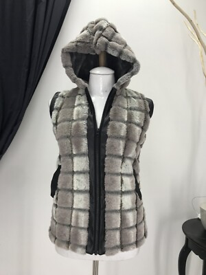 #ad Hooded Reversible Sheared Beaver Faux Fur Coat VEST Jacket Small Gray 47258 $40.00