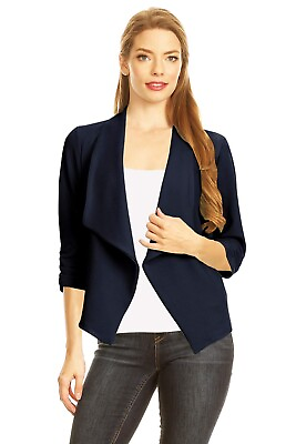 #ad Casual 3 4 Sleeve Open Front Cardigan Jacket Work Office Blazer 2XL Navy $23.98