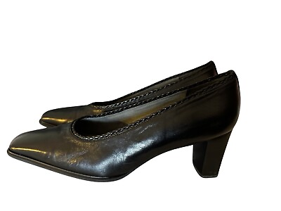 #ad Stuart Weitzman Black Leather Block Heel Pumps Size 9.5B EUC $38.50