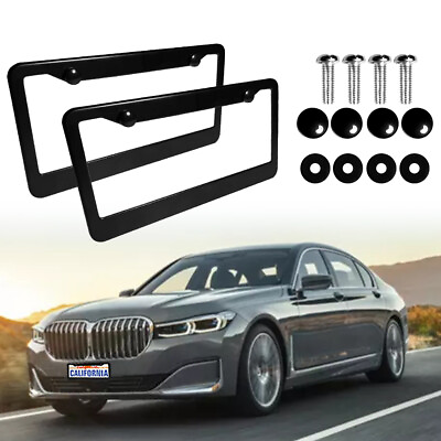 #ad 2 PCS License Plate Frames Assembly Stainless Steel Metal Cover Screw Caps Black $9.44