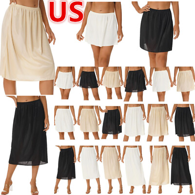 #ad US Women Half Slips Underskirt Short Mini Skirt Elastic Waistband Long Petticoat $9.65