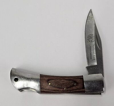 #ad NRA Knife National Rifle Association Lockback Wood Handles 440 Stainless Blade $8.80