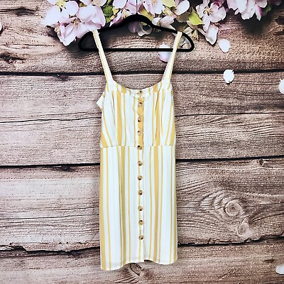 #ad Women#x27;s Yellow amp; White Vertical Striped Button Down Sleeveless Dress Size Medium $12.50