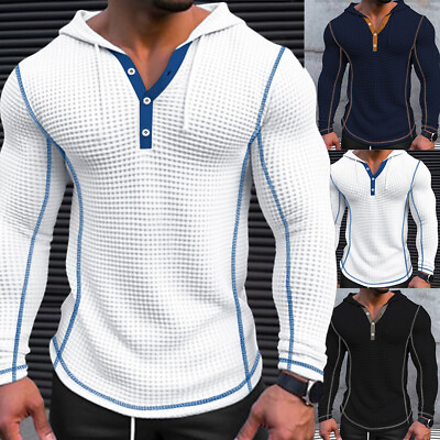 #ad Mens Hooded Buttons Waffle Long Sleeve Blouse T Shirt Pullover Tops Tee Casual $4.93