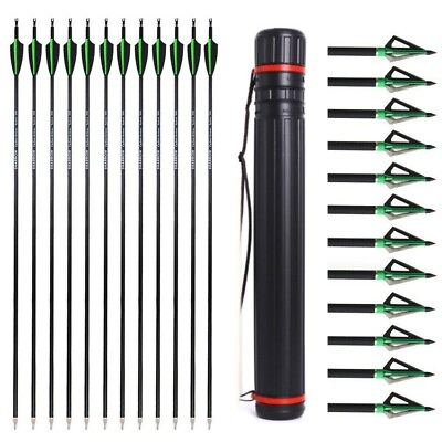 12pcs 30#x27;#x27; Archery Carbon Arrows 100 grain Broadheads Quiver Bow Target Hunting $17.96