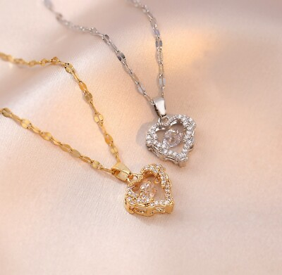 #ad Titanium Silver Gold Love Heart Pave CZ Pendant Chain Necklace $10.99