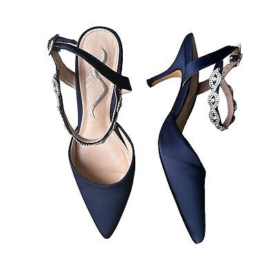 #ad Nina Dress Pump Blue Satin Rhinestones Pointy Toe Mid Heel Size 6 M Shoes Sandal $25.00