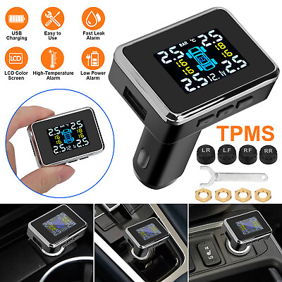#ad TPMS USB Car Wireless Tire Pressure Monitoring System With 4 External Sensors $26.98
