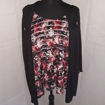 #ad Notations Twinset 2fer Top Size 2X Black Red Ruffled Metallic 3 4 Sleeve Scoop $16.00