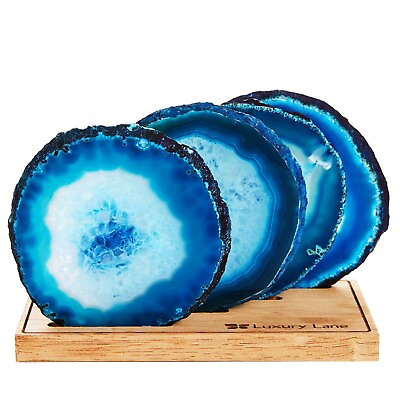 #ad Set of 4 Ocean Natural Brazilian Agate Drink Coasters with Wood Holder $69.99