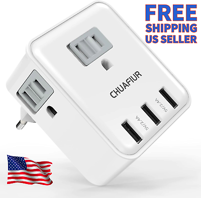 #ad European Plug Adapter Travel Power Plug Adapter with 4 Outlets 3 USB Ports $11.95