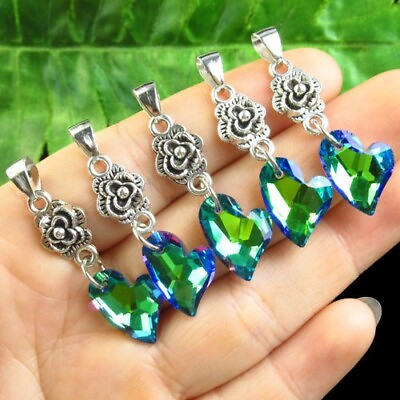 #ad 5Pcs Faceted Green Titanium crystal Heart Tibetan silver Flower Pendant SSG3962 $10.13