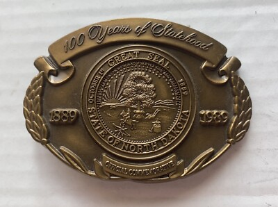 #ad 1989 NORTH DAKOTA Belt Buckle Brass 100 Years of Statehood Official Vintage $16.19