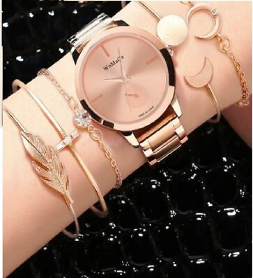 #ad 6pcs Rose Gold Women#x27;s Fashion Steel Band Quartz Watch And Multi Bracelet Set $26.99