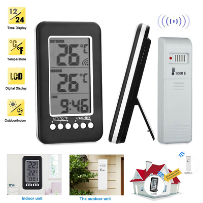 #ad LCD Digital Thermometer Clock Indoor Outdoor ℃ ℉ Wireless Temperature Meter $10.45