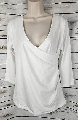 #ad Soft Surroundings White Wrap Top Medium Ruched Slub Knit Pima Cotton Blend $20.99