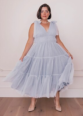 #ad Jessakae Dress Jeanne Womens 2X Light Blue Tulle Midi Polka Dot V Neck $100.00