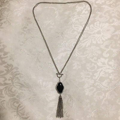 #ad Sterling Silver 925 Black Glass or Stone Tassel Toggle Pendant Necklace signed $34.19