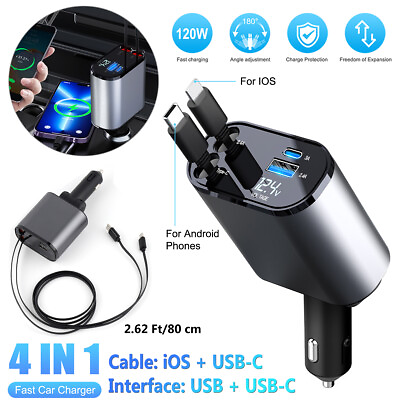 #ad 4 IN 1 Retractable Car Charger Cable Dual Port USB C PD Fast Charging Adapter $21.99