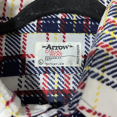 #ad VTG 60s 70s Arrow Scrambler Knit Button Up Large Plaid Long Sleeve Disco $28.00