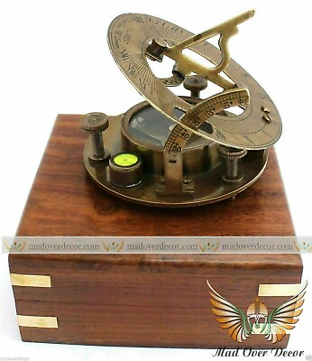 #ad Nautical Maritime London Brass Sundial Compass With Wooden Box Collectible Gift $22.05