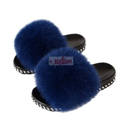 #ad Women Real Farm Fox Fur Slides Slippers Sliders Rivet Sandals Shoes Furry Fluffy $29.99