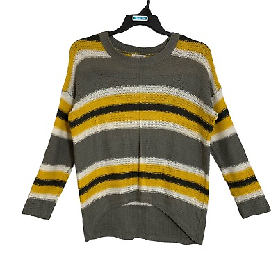 #ad Ultra Flirt Knit Sweater Womens Size Med Long Sleeve Gray Yellow White Stripe L $12.98