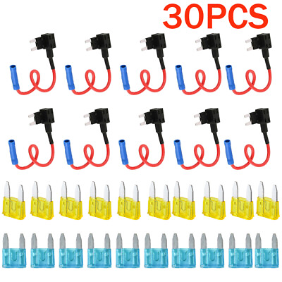 #ad 30PC Fuse TAP ADAPTER KIT 12V 15 Amp 20Amp Car Add a circuit Mini ATM APM Blade $11.46