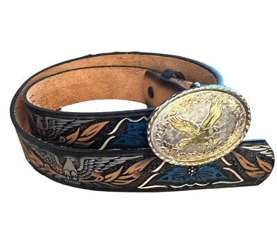 #ad Dakota Belt Co Eagle Flower Tooled Leather Belt Size 28 Eagle Belt Buckle $34.99
