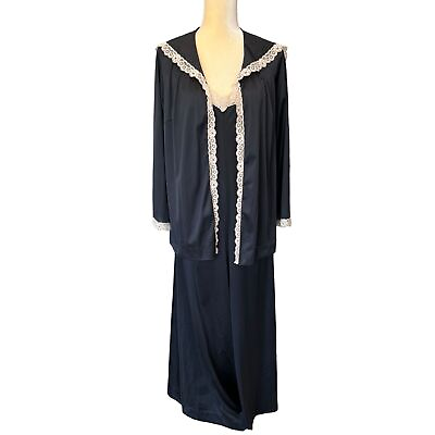 #ad Vintage 70s Vanity Fair Set Womens 14 Jumpsuit Nightgown Jacket Lace Black Made $54.34