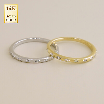 #ad 14K REAL Solid Gold Diamond Dot Minimalist Wedding Engagement Layering Band Ring $300.95
