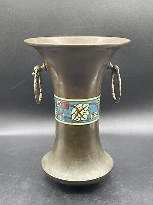 #ad Antique Nippon Bronze Enameled Champleve Vase Handles $75.00