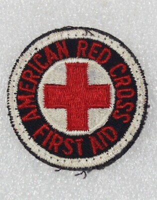#ad Red Cross: First Aid patch 2quot; round w red letters on black cut edge $9.95