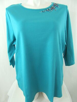 #ad Quacker Factory Size 2X Teal Multi Sparkle 3 4 Sleeve Knit Top $22.99