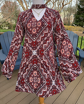 #ad Very J NEW Boutique Womens Sz M Long Sleeve Wine Print Lined Comfort Mini Dress $14.99