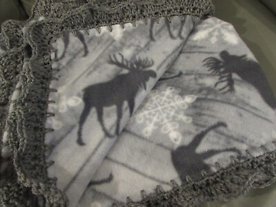 #ad Elk Animal Snowflake Fleece Throw Blanket Black Gray with Crochet Edging $48.00