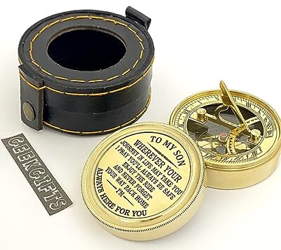 #ad Brass Sundial Compass with Leather Box to My Son Engraved Sundial Compass... $31.23