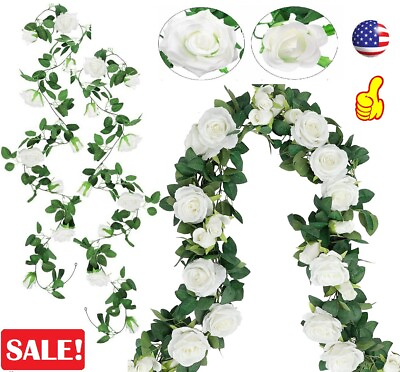 #ad 7.5 Ft Artificial Fake Rose Vine Garland Hanging Plants Home Wedding Decor USA $18.88