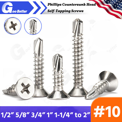 #ad #10 410 Stainless Steel Phillips Countersunk Head Self Tapping Screws 1 2 to 2quot; $9.53