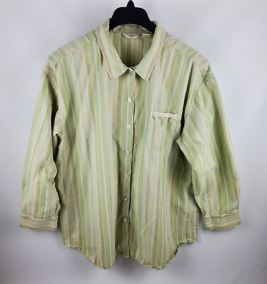 #ad J Jill Womens Blouse Top Long Sleeve Button Up Green Yellow Stripe Size 2X $16.95