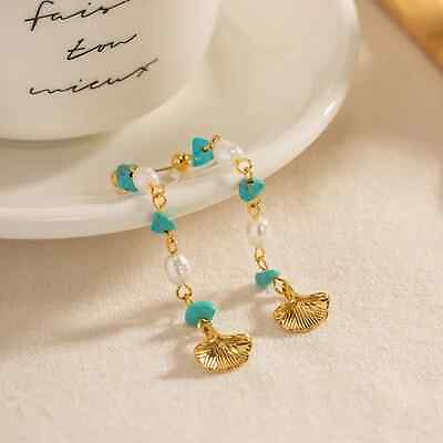 #ad NEW 18K yellow gold pl turquoise color stone tassel drop earrings jewelry B15A $50.00