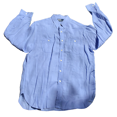 #ad Polo Ralph Lauren Long Sleeve Button Up Double Pocket Linen Blue Medium $124.97