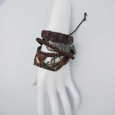 #ad 3Pc Wrap Bracelet 7quot; Brown Faux Leather Love Brave Biker Bracelet * $8.49