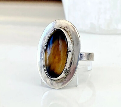 #ad Sterling Silver 925 Tigers Eye Designer Mexico Mexican Modernist Ring Size 8.5 $49.00