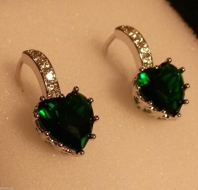 #ad 4 CT Heart Lab Created Emerald Drop Dangle Stud Earrings 14k Yellow Gold Plated $99.29